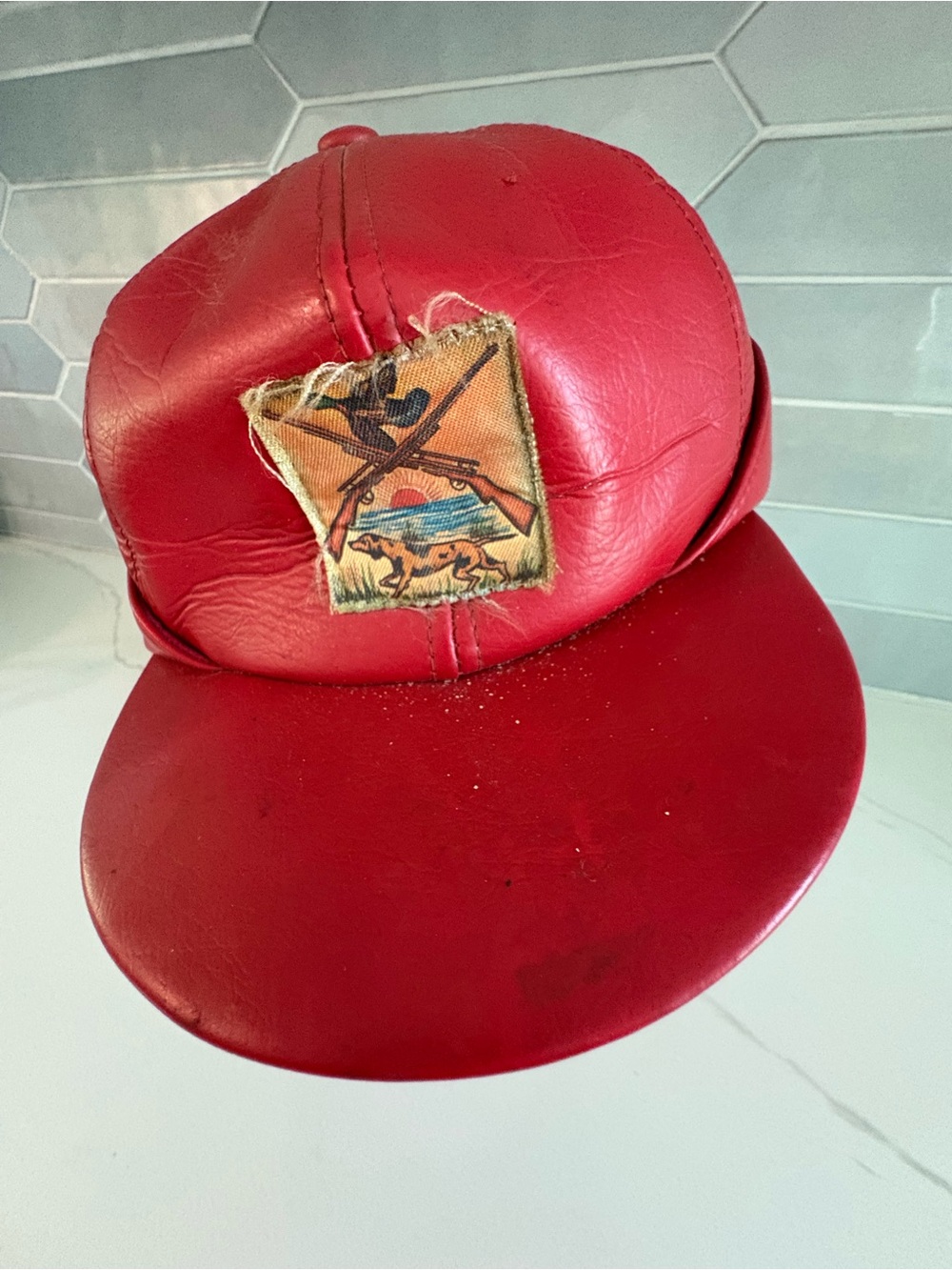 Vintage Faux Leather Red Trucker Hat with Hunting Scene Patch